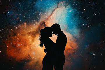 A couple's silhouette against the backdrop of an ethereal galaxy, symbolizing their love as vast and infinite in space. 