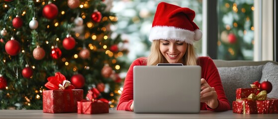 Smiling Woman in Santa Hat Shopping Online with Laptop and Credit Card on Christmas Day
