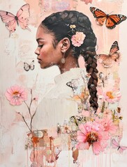 collage of flowers, butterflies, and a woman with braided hair, in muted pastel colors
