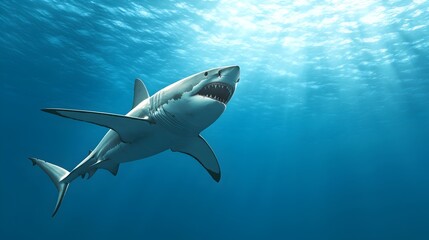 Obraz premium Predator Shark Emerges from Dark Ocean Depths - Eerie Underwater Scene Capturing Panic and Fear in the Mysterious Abyss
