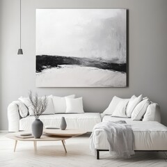 An elegant living room showcases monochrome tones and modern furniture with large abstract artwork, creating a sophisticated ambiance.
