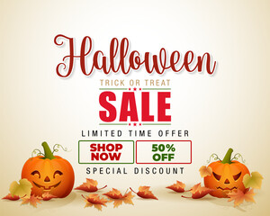 Holiday design, background with handwriting text, pumpkin on leaf in autumn color for Halloween celebration, sales and commercial events; Vector illustration.
