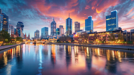 A vibrant cityscape at sunset, with the skyline reflected in a calm river, capturing the transition from day to night