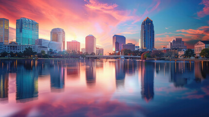 Fototapeta premium A vibrant cityscape at sunset, with the skyline reflected in a calm river, capturing the transition from day to night