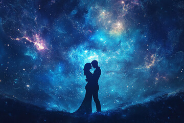 A couple's silhouette against the backdrop of an ethereal galaxy, symbolizing their love as vast and infinite in space. 