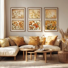 A stylish living room featuring framed floral art, warm-toned cushions, and natural wood elements for a cozy atmosphere.
