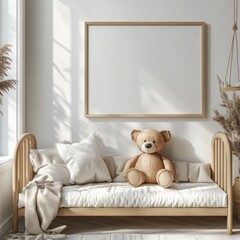 A lovely nursery with a teddy bear, soft white cushions on a wooden bed frame illuminated by warm natural light.