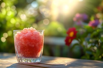Glass of granita close-up, icy texture glistening under sunlight, condensation running down the glass, sitting on a wooden table with blurred green plants and vibrant flowers softly framing the garden
