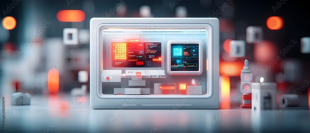 Poster cinematic 3d render showcasing a cutting edge blockchain integrated bioinformatics hub featuring a d