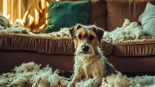 A small dog sits amidst a mess of shredded couch cushions, looking guilty. The scene exudes a mix of humor and mischief with the morning light casting a warm glow. Capturing the playful nature and