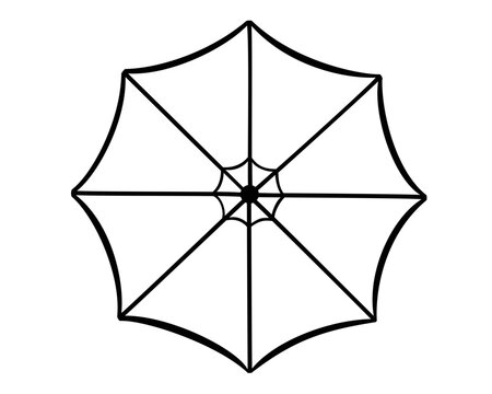 Open umbrella, top view - linear vector illustration for coloring or logo. Umbrella top view - a sign for corporate identity. Outline. Hand drawing.	
