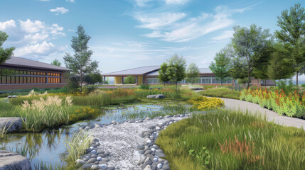 Fototapeta premium A wellness-focused landscape for a rehabilitation center, with accessible walking paths and calming natural elements