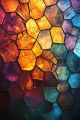 A vibrant, multicolored stained glass pattern featuring hexagonal shapes, blending warm and cool tones for a visually striking effect.