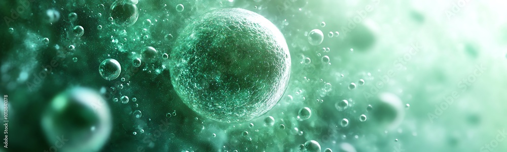 Aufkleber A close-up view of green bubbles in a fluid, creating an abstract and ethereal atmosphere.