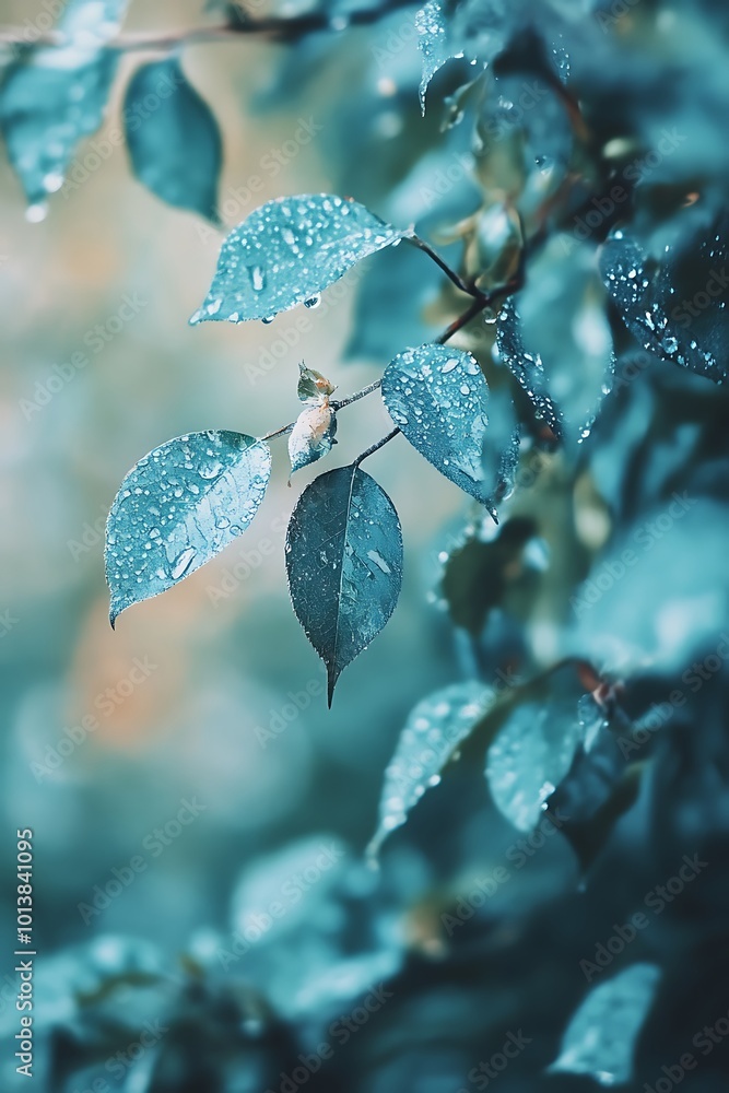 Poster Closeup of dew drops on teal leaves