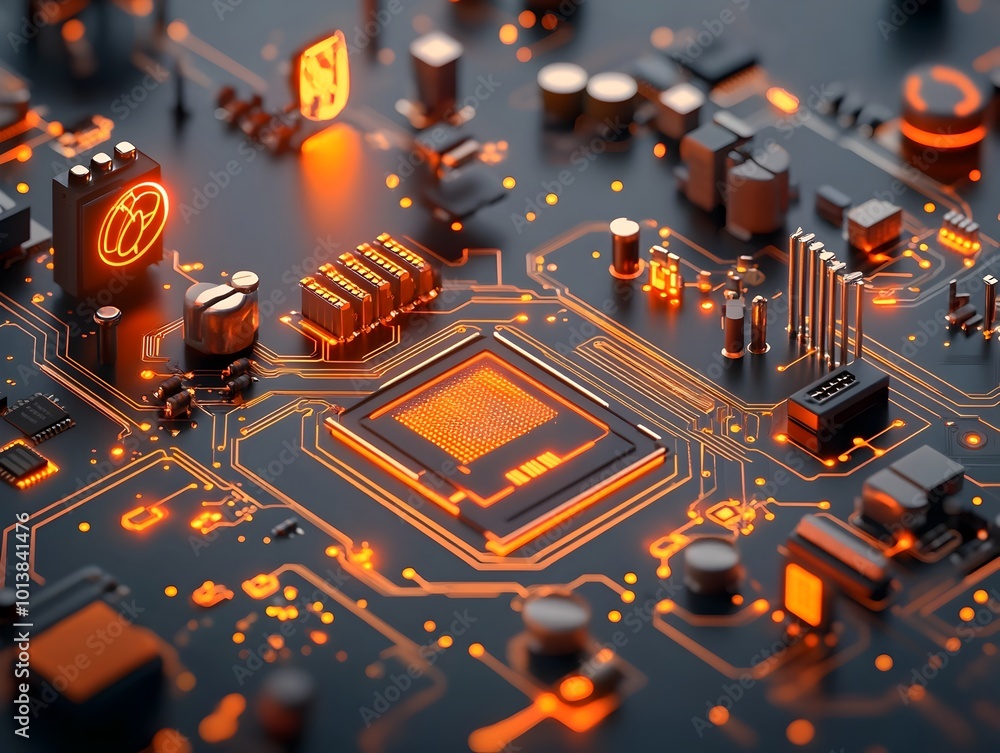 Poster intricate glowing digital circuit board with luminescent pathways and dynamic energy nodes advanced 