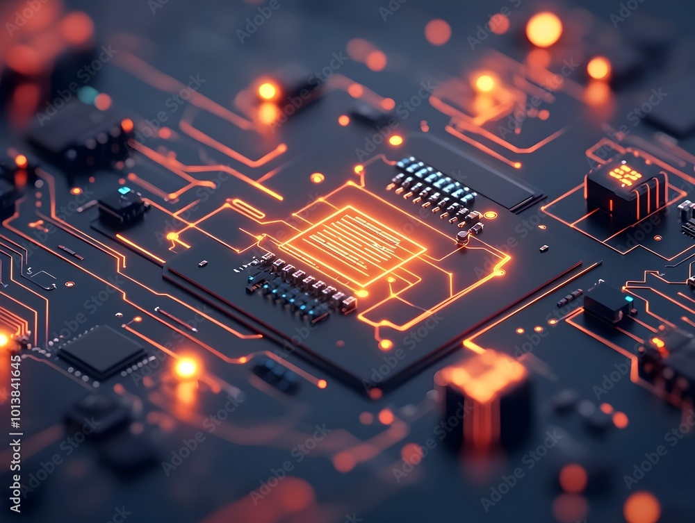 Poster intricate glowing digital circuit board with luminescent pathways and dynamic energy nodes advanced 