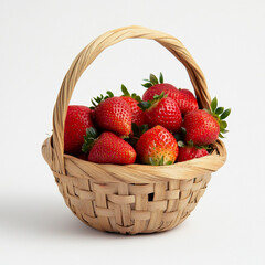 A small bamboo basket with a handle, full of strawberries on a white background.  
