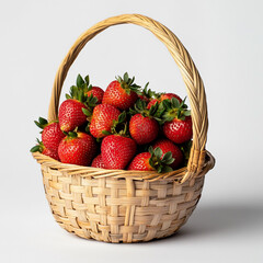 A small bamboo basket with a handle, full of strawberries on a white background.  