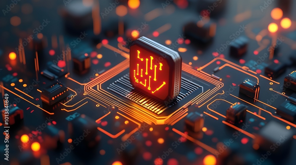 Poster luminous digital circuit board with interconnected energy pathways and futuristic technology complex
