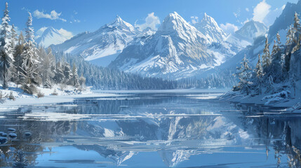 A winter wonderland scene, with snow-covered mountains reflecting in a frozen lake