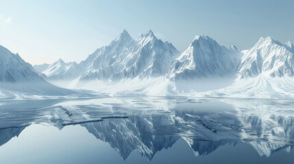 A winter wonderland scene, with snow-covered mountains reflecting in a frozen lake