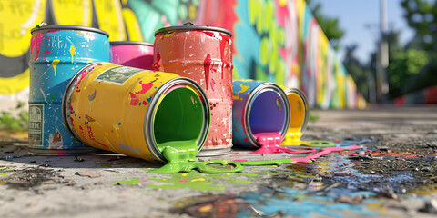 A row of colorful paint cans, labeled with different denominations, spilling their contents onto a dirty sidewalk.