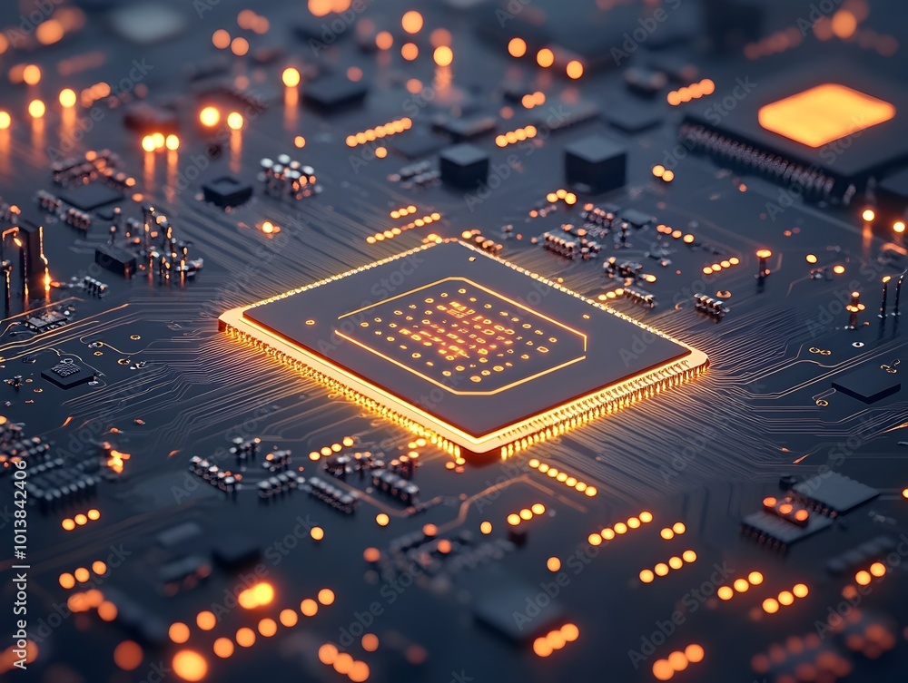 Poster intricate glowing digital circuit board with luminescent pathways and dynamic energy nodes advanced 