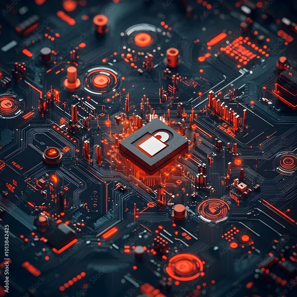 Poster encrypted digital world with padlock icon superimposed on intricate circuit board and ethereal visua