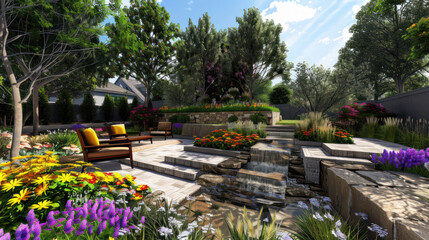 Backyard landscape featuring a water feature, vibrant flowers, and functional outdoor spaces for gatherings