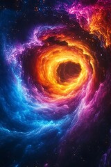 A vibrant cosmic swirl of colors, showcasing a beautiful blend of blues, purples, and oranges amidst a starry backdrop, resembling a galaxy or nebula.