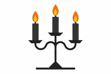 vector drawing of triple candlestick with burning candles, candlesticks for interior decoration, halloween elements in flat style isolated on white background