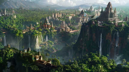 Fototapeta premium Digital landscape art depicting a futuristic city surrounded by lush green forests