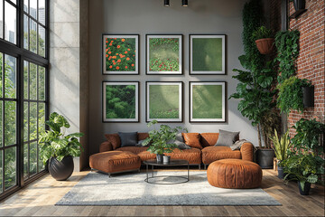 Stylish Scandinavian design living room with lush greenery and artful decor of 6 posters