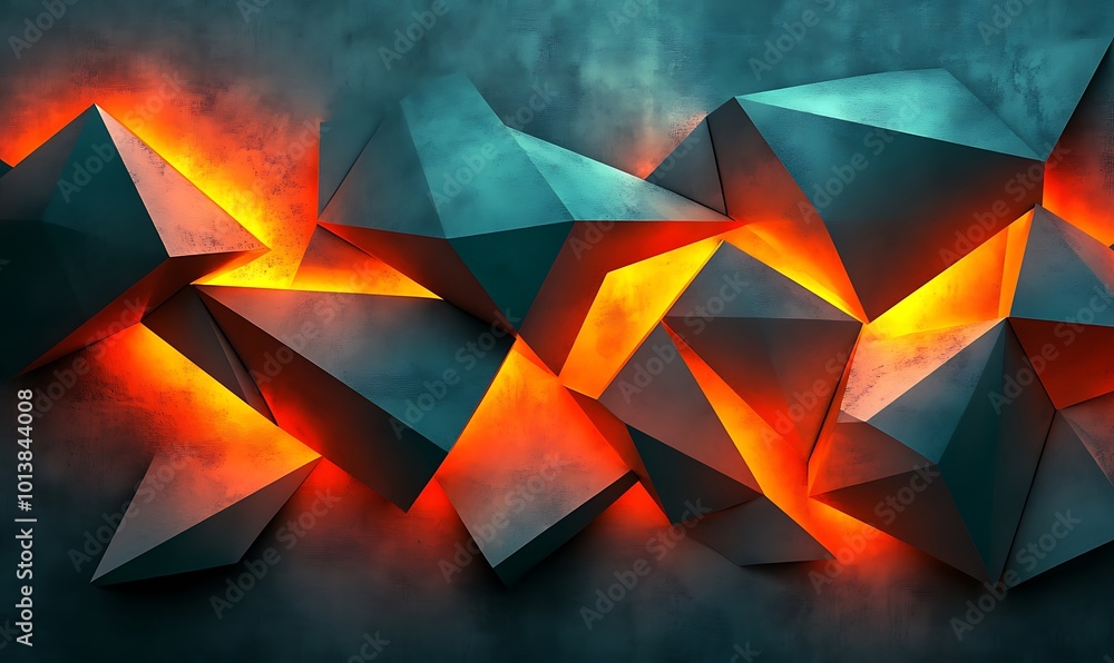 Poster Abstract geometric shapes with glowing orange highlights against a dark textured background evoke a modern, dynamic atmosphere.