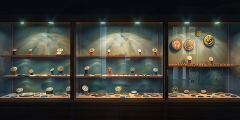 A display case filled with rare coins and jewelry, illuminated by spotlights, set against a darkened room.