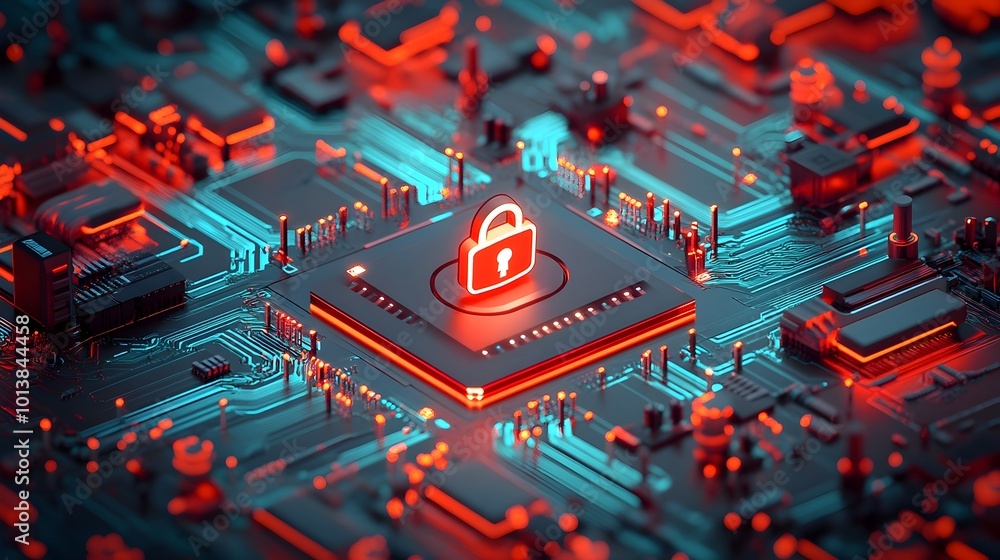 Poster futuristic and hyper detailed digital landscape with padlock icon displayed prominently on an intric