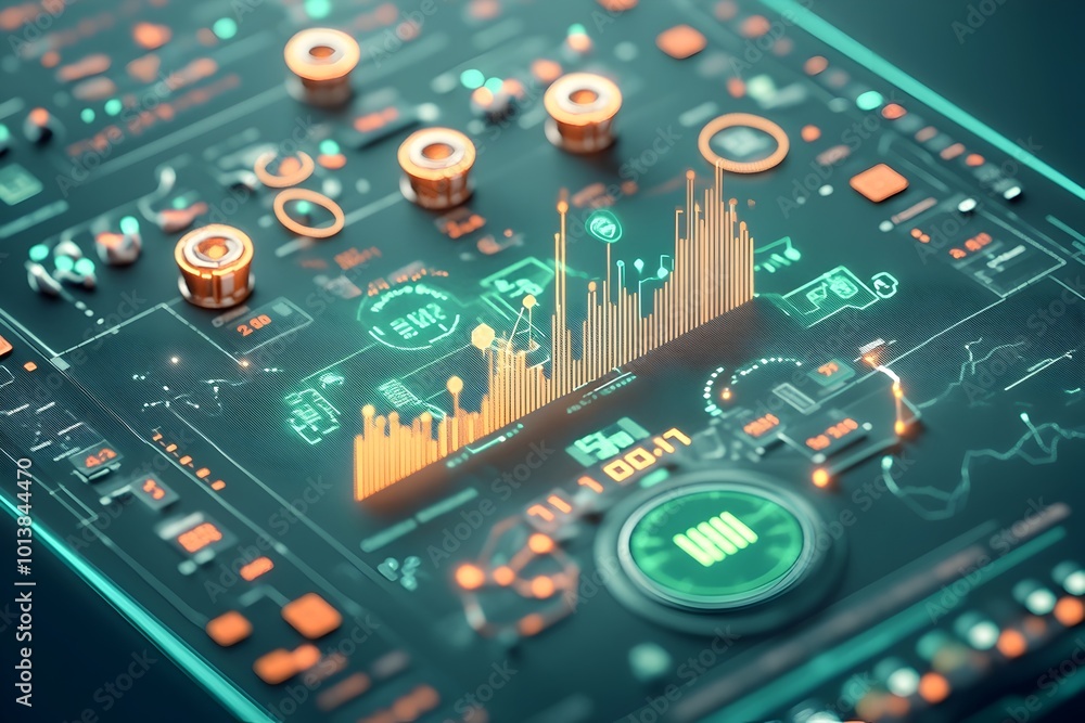 Poster macro view of a blue toned market trading chart highlighting intricate candlestick patterns and data