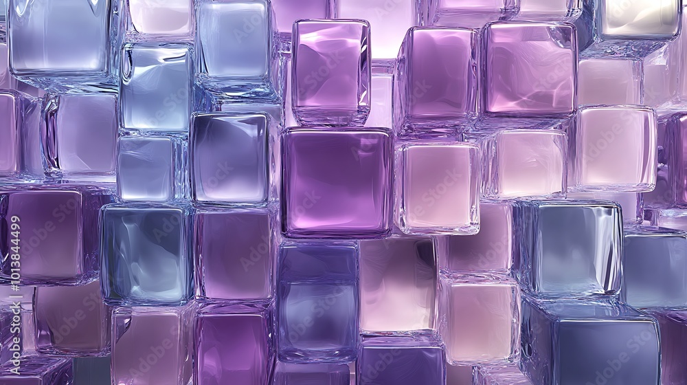 Poster a vibrant arrangement of translucent purple and blue glass cubes, creating an intricate and colorful