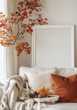 A cozy living room adorned with throw pillows, soft blankets, and fall-themed decorations setting an autumn atmosphere.