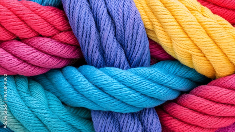 Aufkleber closeup of twisted, multicolored ropes forming an abstract knot, symbolizing complexity and unity tw