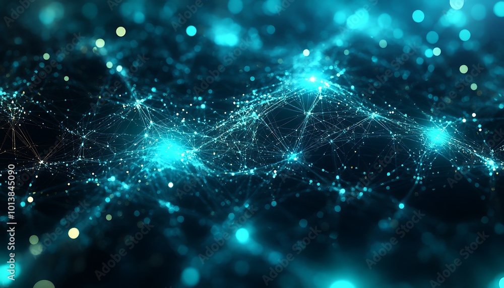 Poster a mesmerizing network of glowing blue particles connected by shimmering lines, creating a digital co