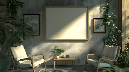 Home living room interior with armchairs, TV screen, decorations, and a mockup frame