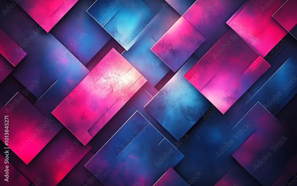 Poster a vibrant abstract pattern featuring interwoven rectangles in shades of blue, pink, and purple, crea