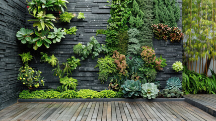 Modern garden design with vertical planting, succulents, and minimalist landscaping elements
