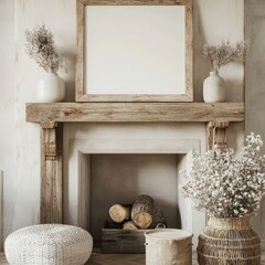 Rustic mantel decorated with vases and natural elements, creating a cozy, inviting atmosphere reminiscent of a country home.