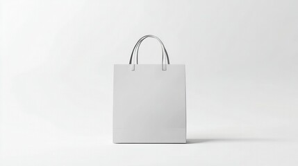 A blank white shopping bag mockup standing upright on a white background, ideal for retail or branding designs.