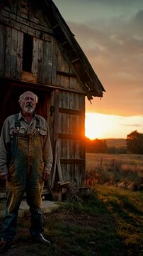 Vieil homme en salopette devant une grange au coucher du soleil