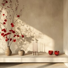 Bright red flowers feature prominently in this elegant setting, complemented by ceramic vases and glowing candles in soft light.