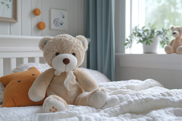Cozy Scandinavian design interior featuring a teddy bear in a child's bedroom
